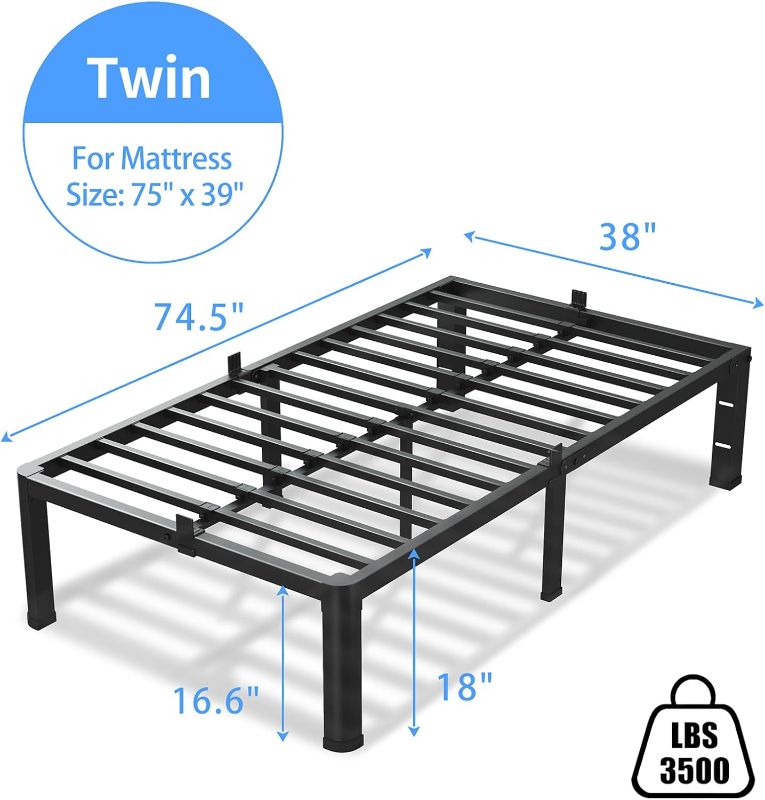 Photo 1 of 18 Inch Twin Size Bed Frame, 3500Lbs Heavy Duty Metal Platform with Round Corner Legs Mattress Slide Stopper, Steel Slat Support No Box Spring Needed, Noise Free, Non-Slip, Easy Assembly