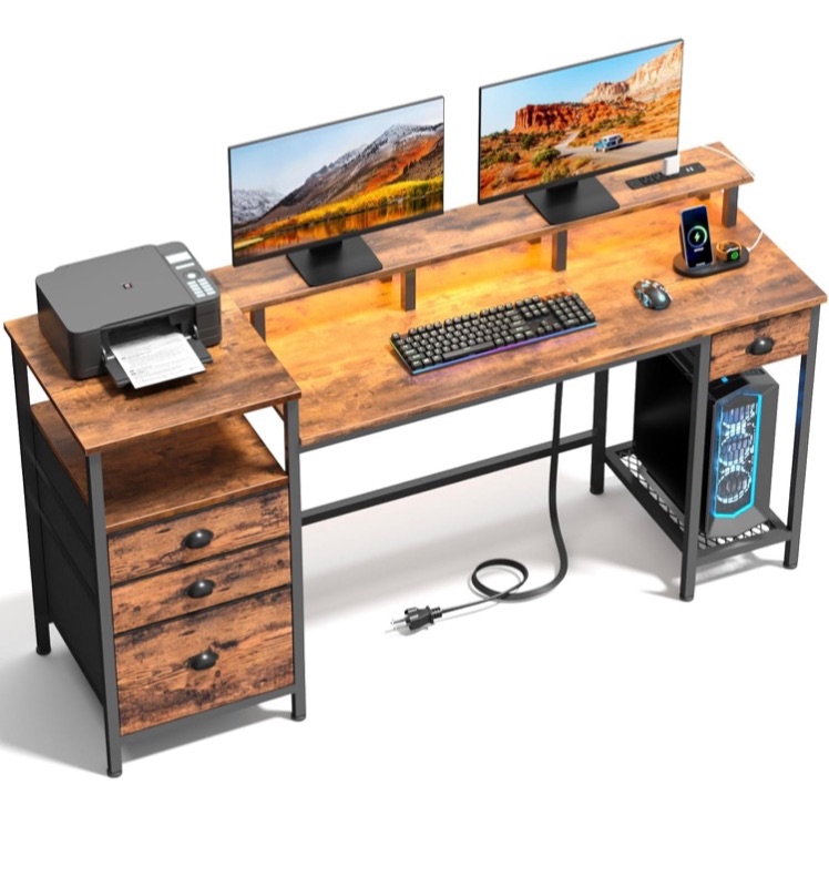 Photo 1 of Furologee Computer Desk with 4 Drawers, 60" Office Long Desk with Fabric File Cabinet and Power Outlets, Gaming Desk with LED Lights, Study Writing Work Desk for Home Office, Rustic Brown