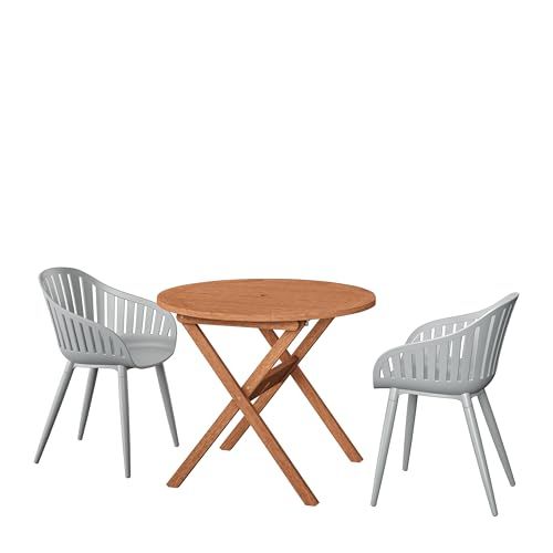 Photo 1 of Amazonia Bristol 3-Piece Round Outdoor Dining Set | Eucalyptus Wood | Durable and Ideal for Patio and Backyard, Aluminum Grey Chairs