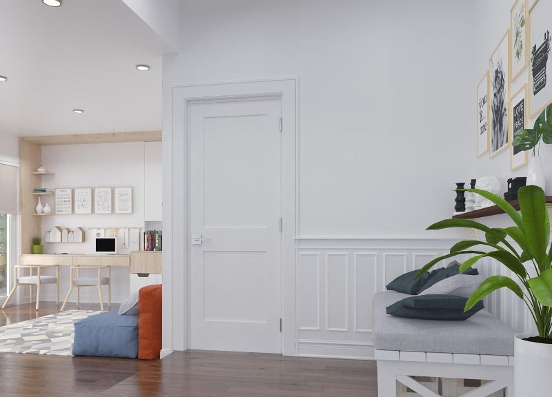 Photo 1 of 32 in. x 80 in. Right-Handed Solid Core Prehung Interior Door White Primed Double Panel with Satin Nickel Hinges
