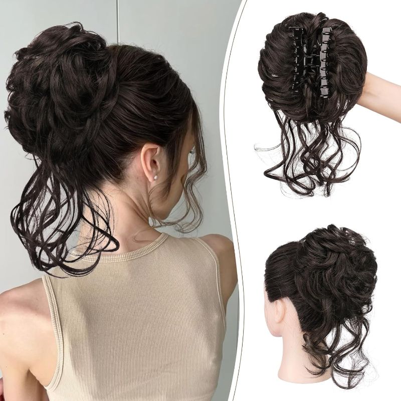 Photo 1 of SOFEIYAN Claw Clip Messy Bun Hair Piece Curly Wavy Hair Bun Clip in Claw Chignon Ponytail Extensions Synthetic Tousled Updo with Tendrils Hairpieces Accessories Scrunchies for Women, Medium Brown