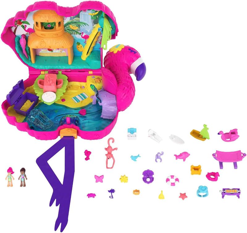 Photo 1 of Polly Pocket Travel Toy, Flamingo Party Playset with 2 Micro Dolls and 26 Surprise Accessories, Animal Toy Compact
