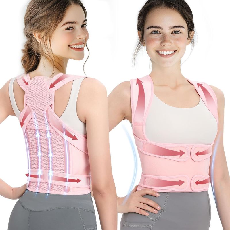 Photo 1 of Back Brace Posture Corrector for Women, Adjustable Shoulder Straightener for Upper and Lower Back Pain Relief, Full Back Support Hunchback,Spine Corrector Pink-