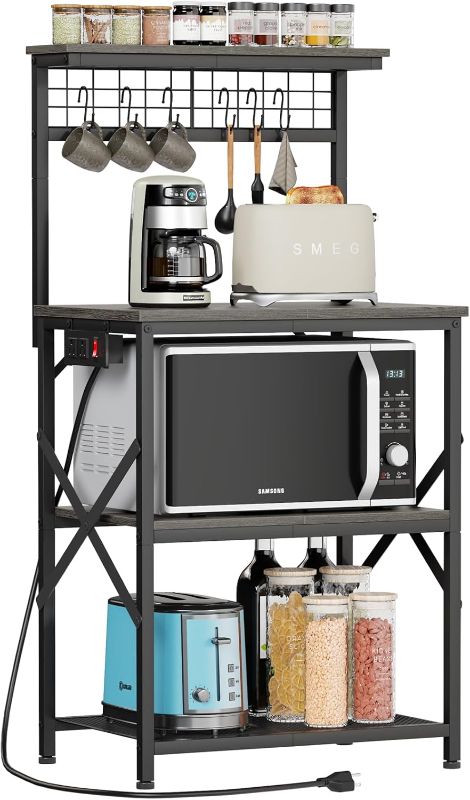 Photo 2 of 
Furologee Kitchen Bakers Rack with Power Outlet, Coffee Bar Station with Storage 4 Tiers, Microwave Oven Stand with 6 S Hooks, Kitchen Storage Shelves Rack for Spices, Pots, Black Oak