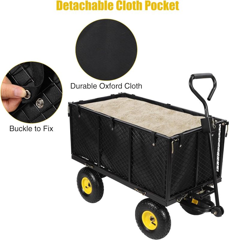 Photo 2 of  Oversized Steel Dump Garden Carts on Wheels, 700lbs Heavy Duty Pullable Utility Garden Wagon Carts with Removable Sides and 10 inch Wheels for Outdoor Patio Landscape with Cart Liner, Black