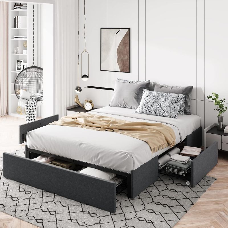 Photo 1 of  Queen Size Platform Bed Frame with 3 Storage Drawers, Fabric Upholstered, Wooden Slats Support, No Box Spring Needed, Noise Free, Easy Assembly,...