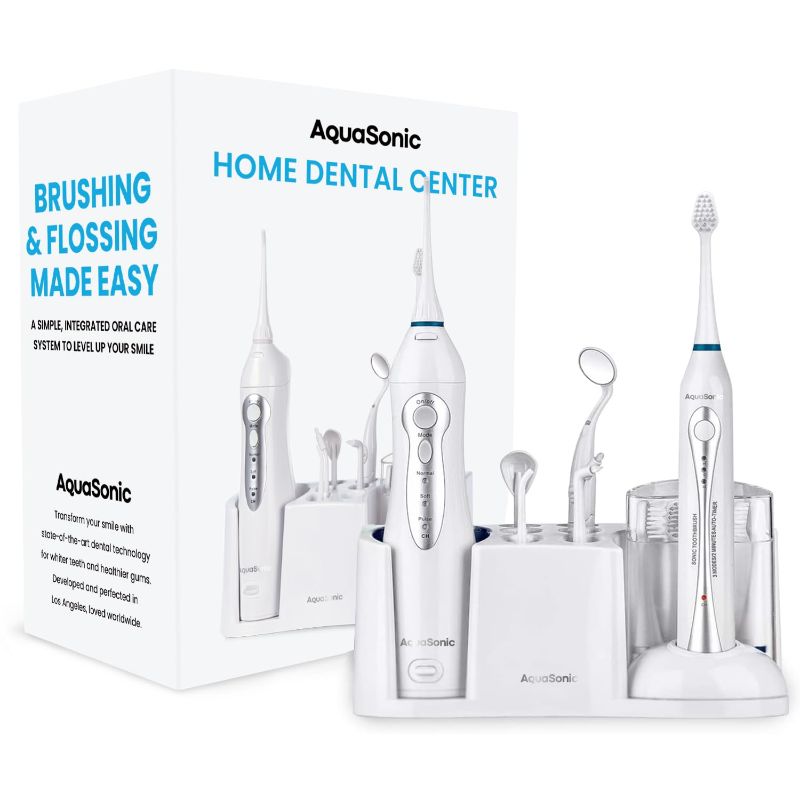 Photo 1 of AquaSonic Home Dental Center Rechargeable Power Toothbrush & Smart Water Flosser - Complete Family Oral Care System - 10 Attachments and Tips Included - Various Modes & Timers (White)