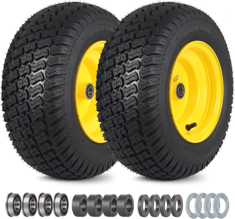 Photo 1 of 16x6.50-8 Tubeless Tire and Wheel, 16x6.5-8 Lawn Mower Tires, 3"-4.5" Offset Hub, 3/4" or 5/8" Bearing, Universal Fit Riding Mower and Garden Tractor Front Wheel, 4 Ply, S-Turf Pattern, 2 Pack