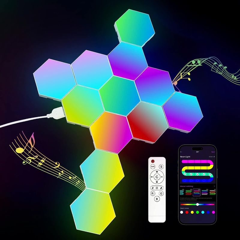 Photo 1 of 12 Pack Hexagon Light Panels - Smart RGB Hexagon LED Lights Wall Lights with APP & Remote Control Cool Music Sync Gaming Lights for Living Room, Bedroom, Gaming Room, Kids, Adults
