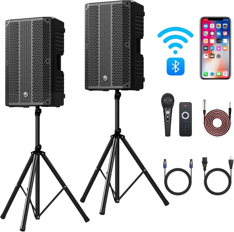 Photo 1 of 15" Active+Passive DJ/PA Speakers Package with Mic,2-Way Powered PA System Combo Set with Bluetooth/USB/FM Radio/2X Steel Speaker Stand for Unforgettable Events