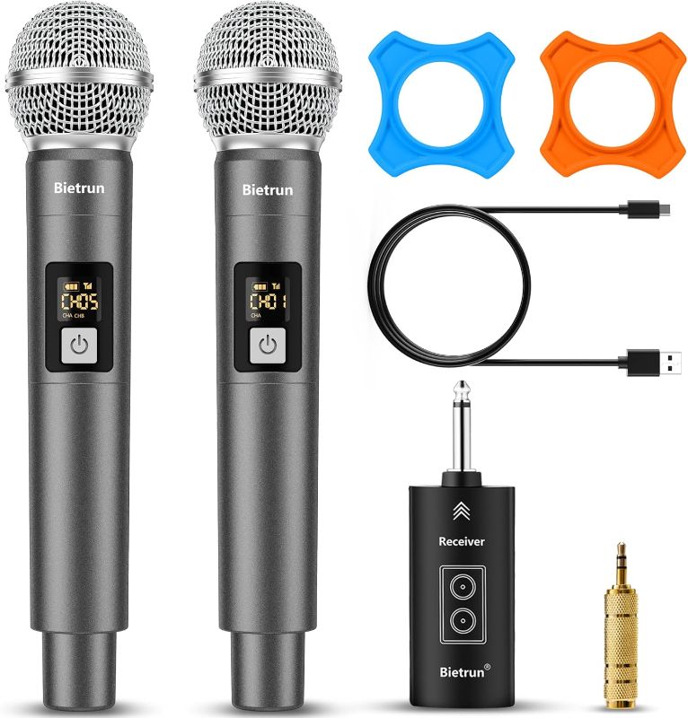Photo 1 of Wireless Microphone, UHF Dual Handheld Cordless Dynamic Metal Mic Set with Rechargeable Receiver, 1/4'' Plug Output, for Karaoke, Church, Wedding, Party Singing(98 ft Range)(Auto Connect)