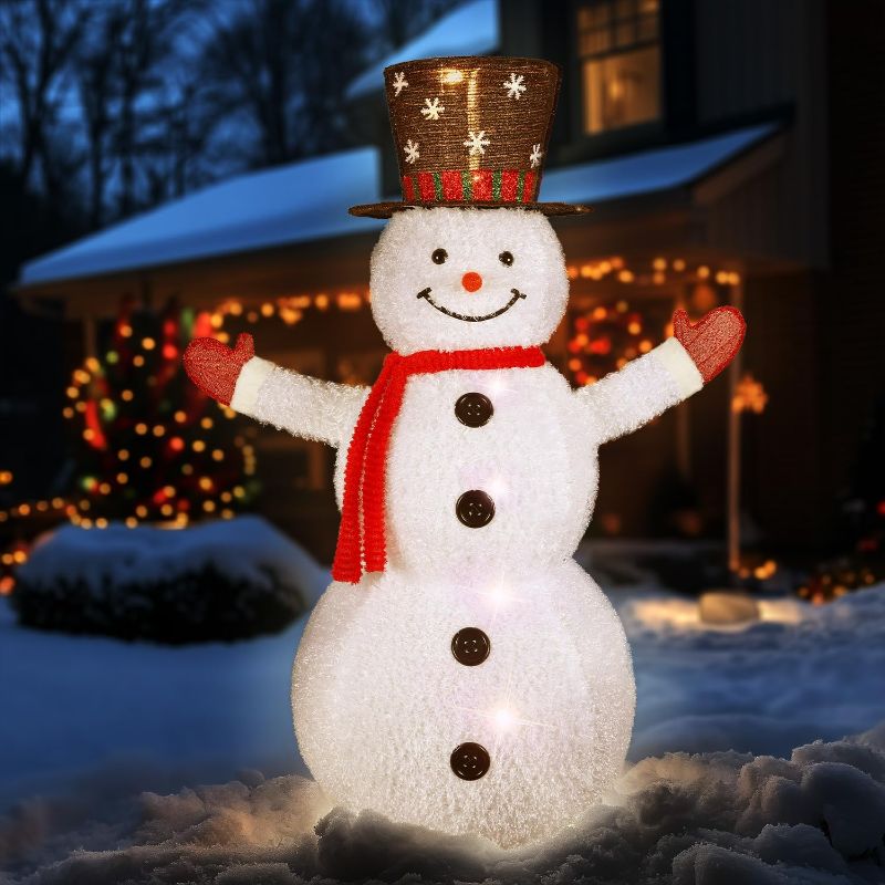 Photo 1 of 5FT Lighted Popup Snowman Christmas Decoration, Large White Plush Snowman with Detachable Warm Lights for Holiday Garden Lawn and Front Yard Indoor Outdoor Christmas Pop-Up Decor