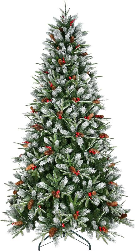 Photo 1 of 7.5Ft Spray White Christmas Tree with Pine Cones and Red Berries, Green Artificial Fake Xmas Tree with with Hinged Branch & Foldable 