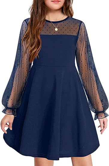 Photo 1 of Arshiner Girl's Contrast Mesh Puff Long Sleeve High Waist A Line Short Dress with Pockets for 12 Years