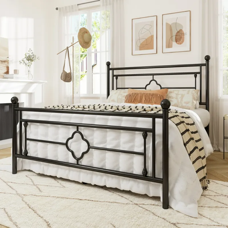 Photo 1 of Allewie Queen Size Metal Platform Bed Frame with Victorian Vintage Headboard and Footboard, Black
