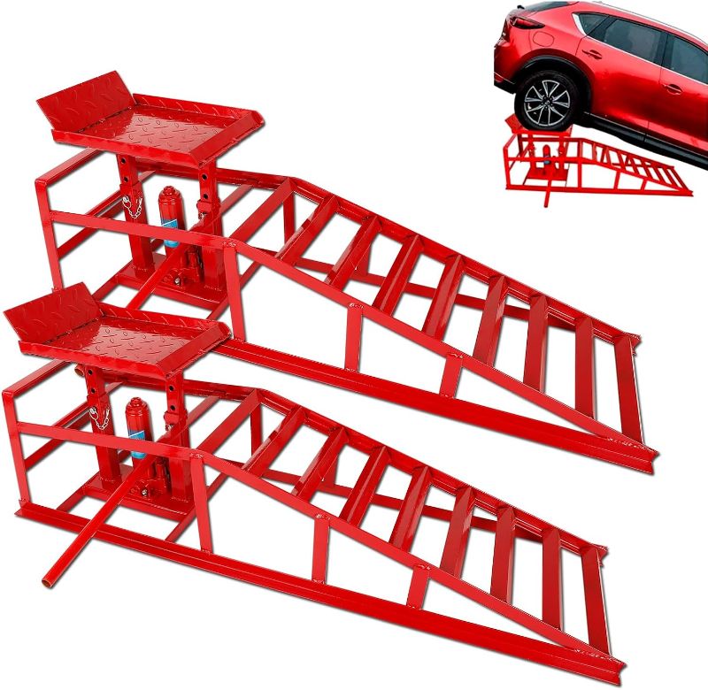 Photo 1 of 2 Pack Auto Car Truck Service Ramps, 5 Ton Low Profile Hydraulic Car Ramps, Car Lift Service Ramps Red