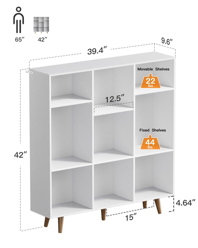 Photo 1 of 3 Tier 9 Cube Storage Organizer,Wood Bookcase Bookshelf with 3 Height-Adjustable Shelves and Solid Legs for Home Office