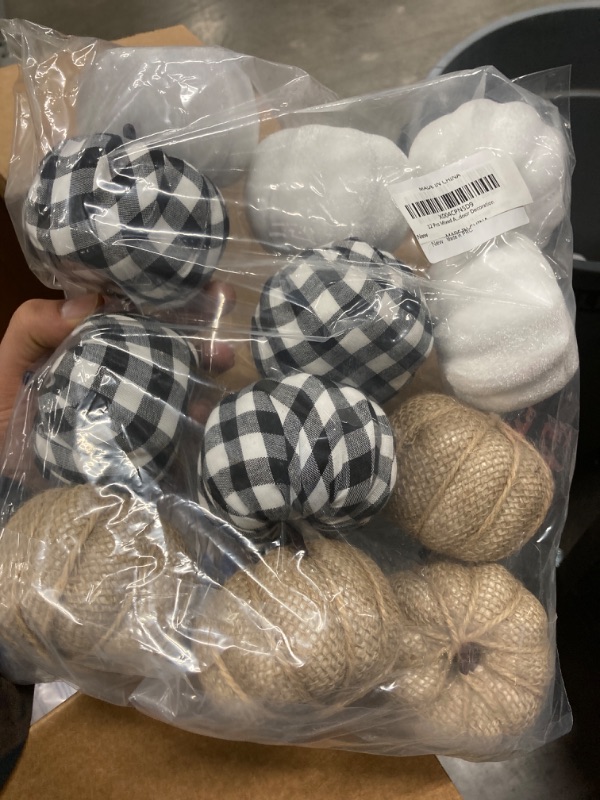 Photo 1 of 12 Pcs Mixed Artificial Pumpkins - Paintable White, Burlap, and Plaid Fabric Faux Fake Pumpkins for Fall Harvest, Thanksgiving, Halloween Decor - Perfect for DIY, Indoor Outdoor Decoration