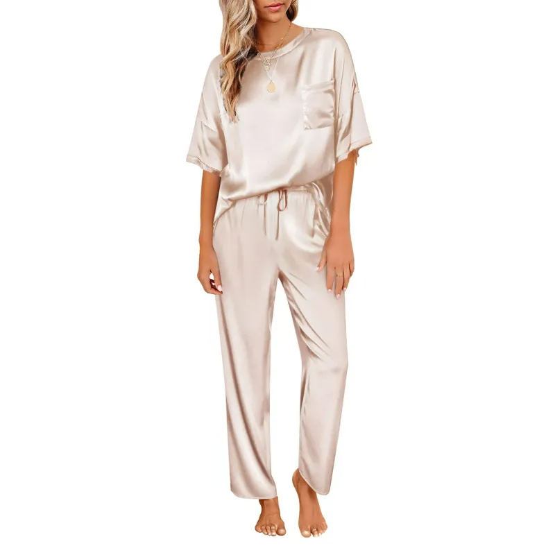 Photo 1 of DAKIMOE Womens Silk Satin Pajama Set Short Sleeve Shirt with Long Pajama Pant Set Two-piece Pj Sets Soft Sleepwear Loungewear Nightwear Pjs S-2XL, Champagne, M