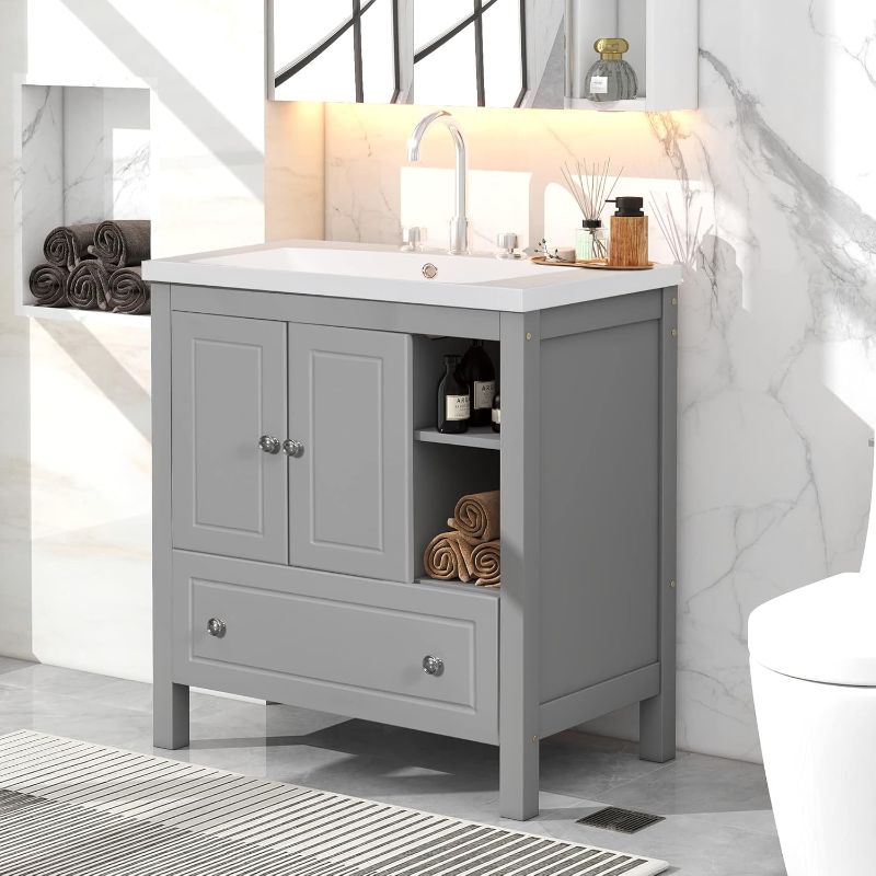 Photo 1 of  Bathroom Vanity with Sink, Modern Bathroom Vanities with Soft-Closing Doors and Storage Drawer, Solid Wood Bathroom Cabinet with Ceramic Sink, Grey