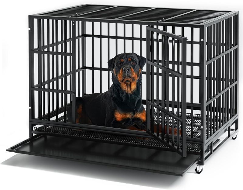 Photo 1 of 48 inch Heavy Duty Dog Crate, Indestructible Dog Cage Kennel for High Anxiety Dog, Escape Proof & Sturdy Locks Design, Extra Large Crate Indoor with Double Door and Removable Tray
