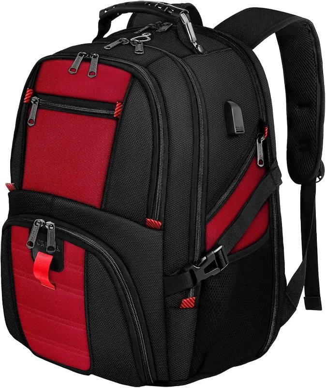 Photo 1 of  18.4 Laptop Backpack,Large Backpacks Fit Most 18 Inch Laptop with USB Charger Port,TSA Friendly Flight Approved Weekend Carry on Backpack with Luggage Strap for Men and Women, Red