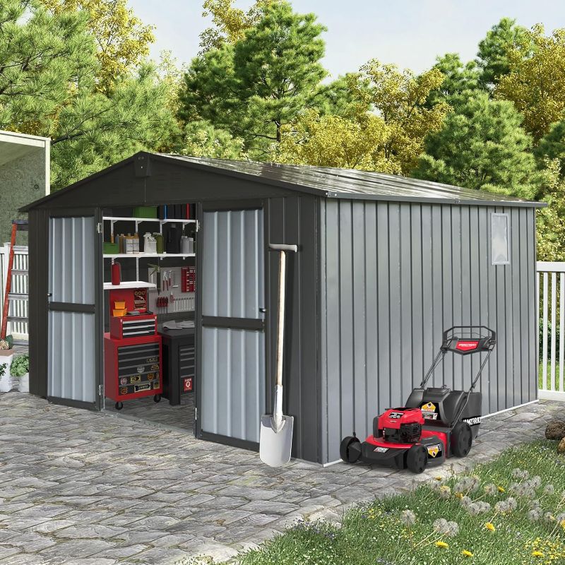 Photo 1 of ***TOTAL 3 BOXES, WHOLE SETS, BUT NOT SURE IF MISSING ANY PARTS*** Domi Outdoor Storage Shed 11' x 9', Metal Steel Utility Tool Shed Storage House with Double Lockable Doors & Air Vents for Backyard Patio Garden Lawn Dark Grey
