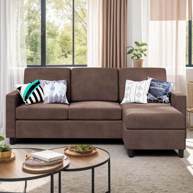 Photo 1 of ***SET OF 3*** ***WILL NEED TRUCK/SUV***  Shintenchi Convertible Sectional Sofa Couch, Modern Linen Fabric L-Shaped , 3-Seat Sofa Sectional with Reversible Chaise for Small Living Room, Apartment and Small Space (Chocolate)