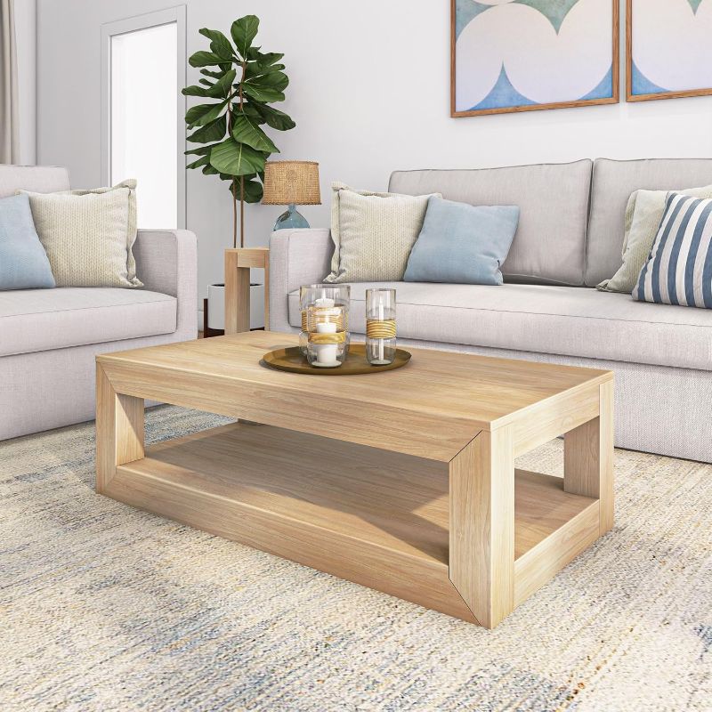 Photo 1 of *similar to stock photo* Plank+Beam Modern Rectangular Coffee Table with Shelf, 48", Solid Wood Center Table with Storage, 2 Tier Tea Table for Living Room, Blonde Wirebrush
