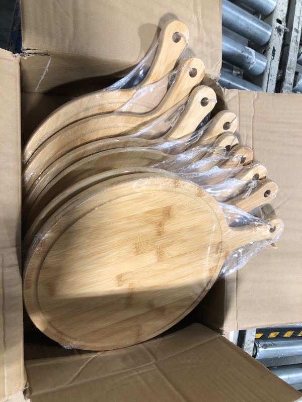 Photo 2 of ***1 PIECE MISSING*** Nuenen 10 Pcs Round Wood Cutting Board with Handle Wooden Serving Board Kitchen Chopping Boards for Pizza, Bread, Cheese, Charcuterie, Fruit, Vegetables (Bamboo)