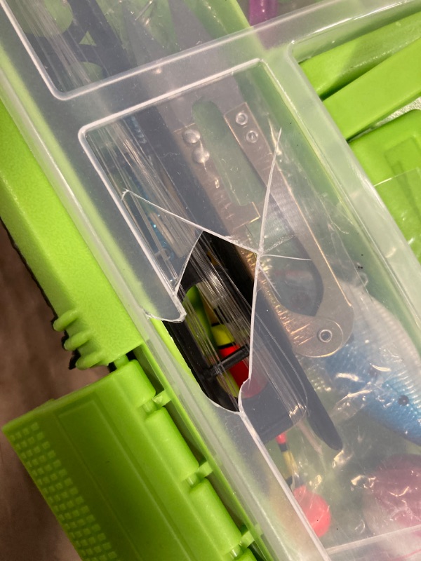 Photo 5 of ***CHECK DAMAGE IN REAL IMAGE***
Fishing Single Tray Tackle Box- 55 Piece Tackle Gear Kit Includes Sinkers, Hooks Lures Bobbers Swivels and Fishing Line By Wakeman Outdoors Lime Green