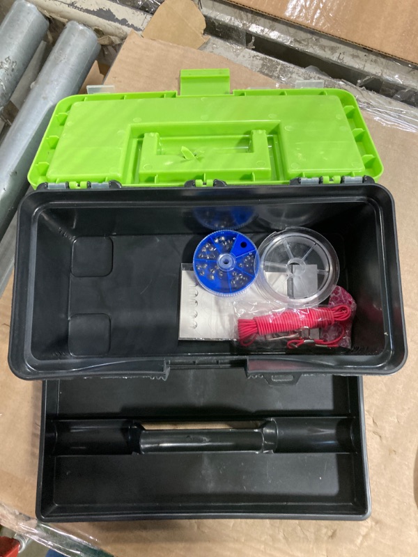 Photo 3 of ***CHECK DAMAGE IN REAL IMAGE***
Fishing Single Tray Tackle Box- 55 Piece Tackle Gear Kit Includes Sinkers, Hooks Lures Bobbers Swivels and Fishing Line By Wakeman Outdoors Lime Green