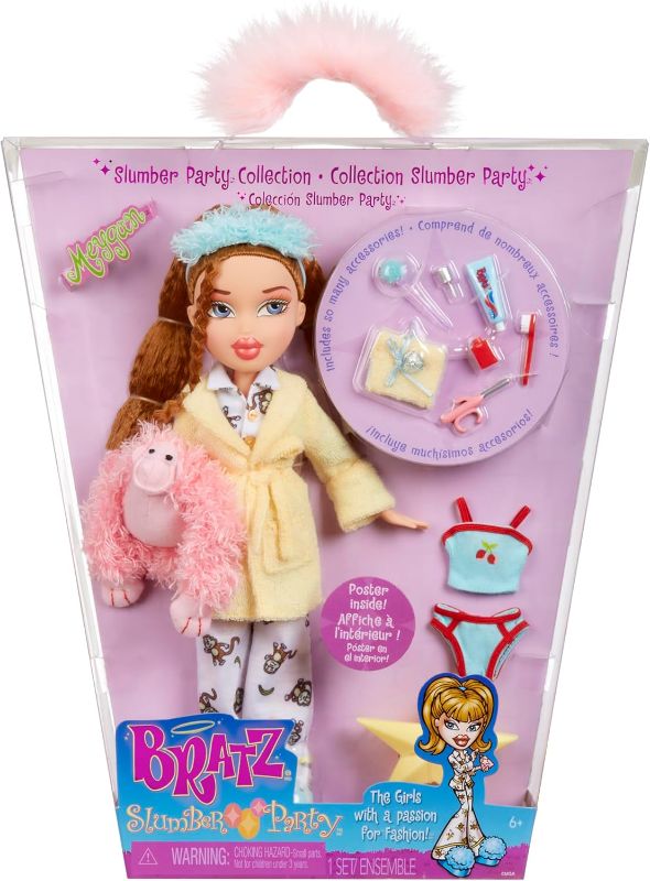 Photo 1 of Bratz Slumber Party Meygan Fashion Doll with 2 Sets of Pajamas, Plush, and Accessories
