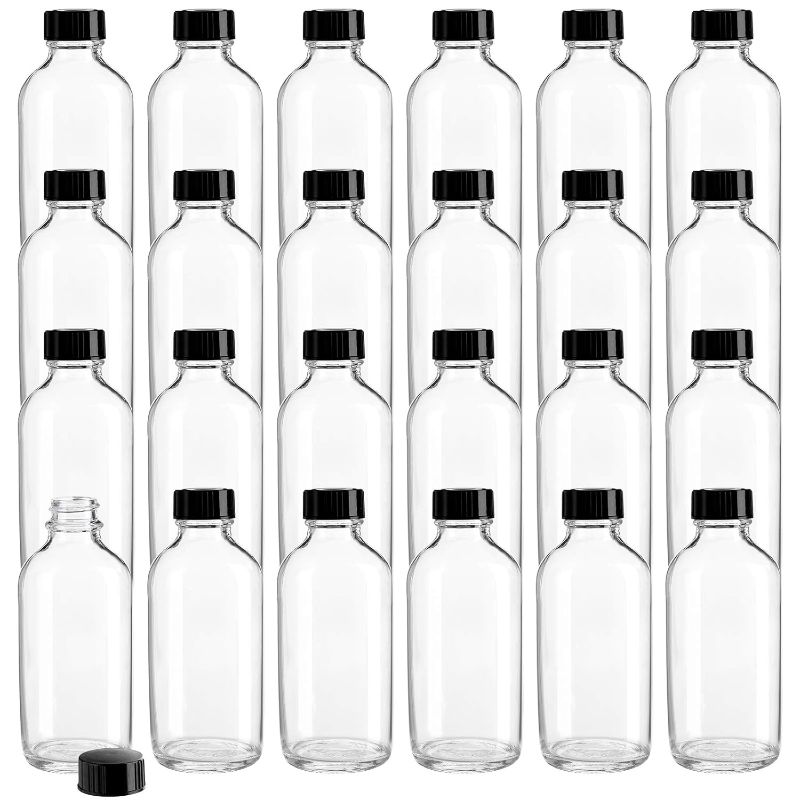 Photo 1 of 24 Pack Clear Boston Round with Black Poly Cone Cap, 4 oz Clear Glass Bottles Sample Bottles for Juice, Ginger Shots, Oils, Whiskey, Liquids