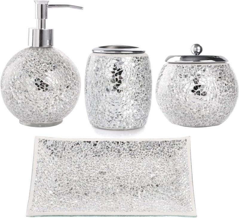 Photo 1 of 4-Piece Decorative Glass Bathroom Accessories Set | Soap Dispenser, Tray, Jar, Toothbrush Holder | Gift Idea | Elegant...  similar look 