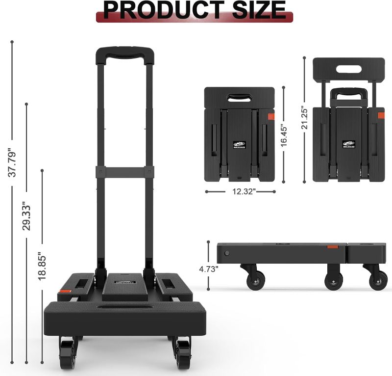 Photo 3 of (READ FULL POST) SOLEJAZZ Folding Hand Truck Portable Dolly for Moving, 500LB Luggage Cart Dolly with 6 Wheels & 2 Bungee Cords for Travel, Moving, Shopping Use, Black
