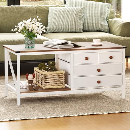 Photo 1 of 
Crestlive Products Coffee Table with 4 Storage Drawers,Farmhouse Coffee Table for Living Room,Center Table with Open Storage Compartment White 43.3