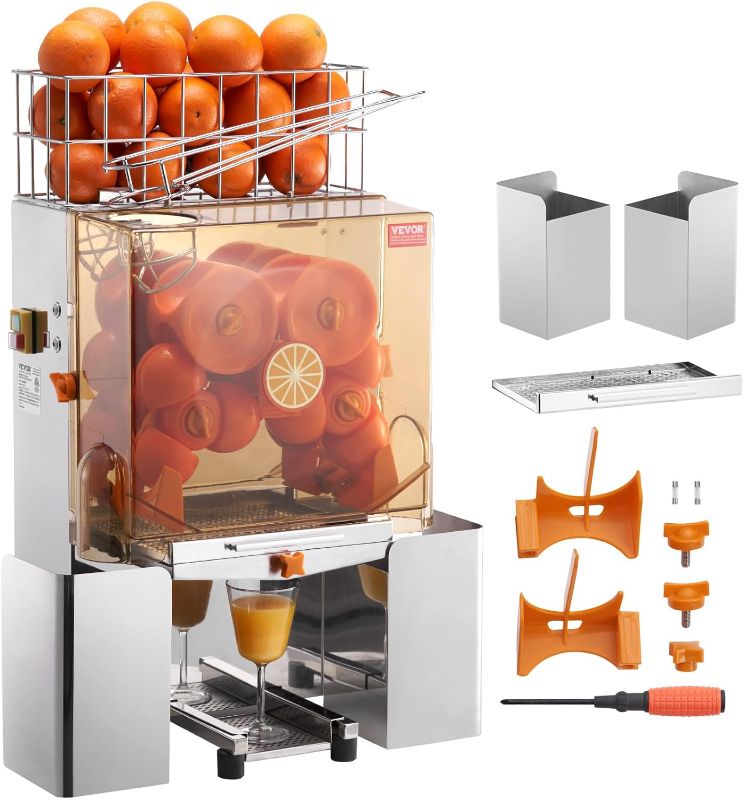 Photo 1 of  Commercial Orange Juicer Machine, Automatic Juice Extractor with Water Tap, Stainless Steel Orange Squeezer 20 Oranges/Minute, with Pull-Out Filter Box, PC Cover, 2 Peel Collecting Buckets
