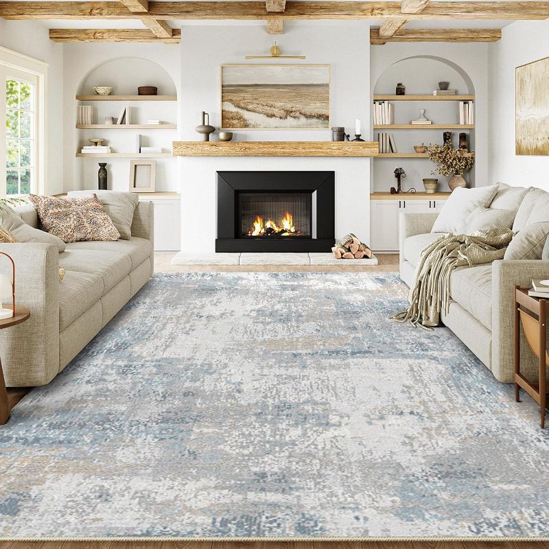 Photo 1 of 6x9 Washable Area Rug Blue Cream Abstract Modern Living Room Bedroom Large Throw Rug Non Slip Soft Thin Simple Indoor Floor Carpet for Dining Room Office Entryway Kitchen Nursery Decor6x9 Washable Area Rug Blue Cream Abstract Modern Living Room Bedroom La
