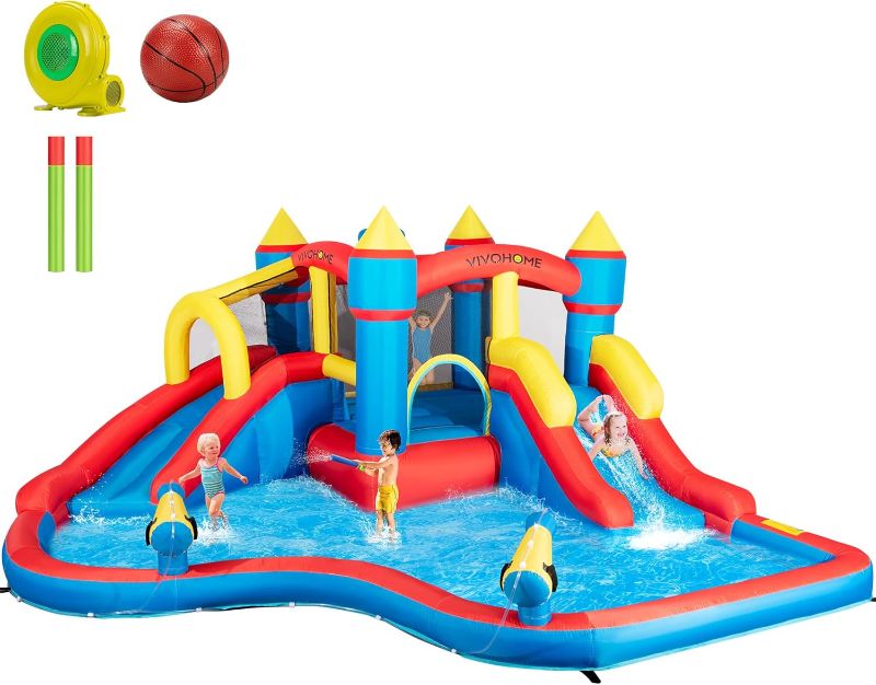 Photo 1 of *DAMAGE//SLIT**Inflatable Bounce House with Water Slide for Kids, Big Inflated Jumping Bouncy Castle with Blower, Includes Sprinkler, Splash Pool, Basketball Hoop, Water Gun, Climbing Wall, for Outdoor
