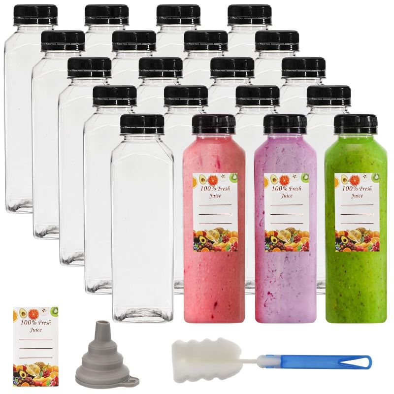 Photo 1 of 20 Pack 16oz Plastic Juice Bottles with Black Cap, Clear Reusable Containers with Lids, Great Disposable Bottles for Making Juice, Milk, Salad Dressing, Smoothie and Other Beverages