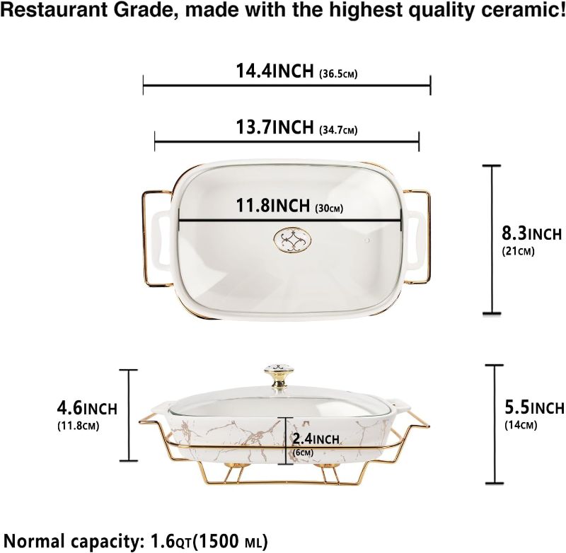 Photo 2 of (FAIR) jinsongdafa Ceramic Casserole Dish with Glass Lid and rack, 1.6 Quart Serving Soup Tureen,Chafing Dish for Buffet, Family Food preserve Tray, Catering Casserole for Party Style,White 14.4 Inch