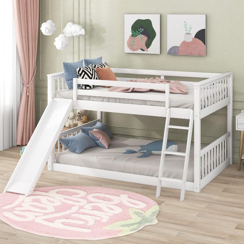 Photo 1 of *incomplete* Bunk Bed with Slide,Convertible Slide and Ladder Bed Frame with Full-Length Guardrail for Boys Girls Bedroom,No Bos Spring Needed (White, Full Over Full)
