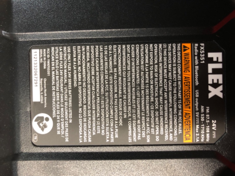 Photo 4 of ***USED - DOESN'T POWER ON OR CHARGE - UNABLE TO TEST***
FLEX 24V Cordless Bluetooth Jobsite Radio Tool Only, Battery and Charger Not Included - FX5351-Z