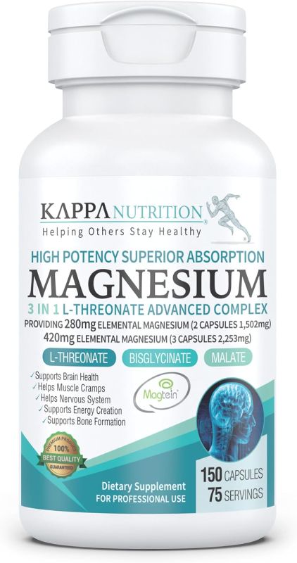 Photo 1 of (150 Capsules), 2,253mg Per Serving, Providing 420mg Elemental Magnesium, L-Threonate, Bisglycinate Chelate, Malate, from Kappa Nutrition.
best by 08/2026