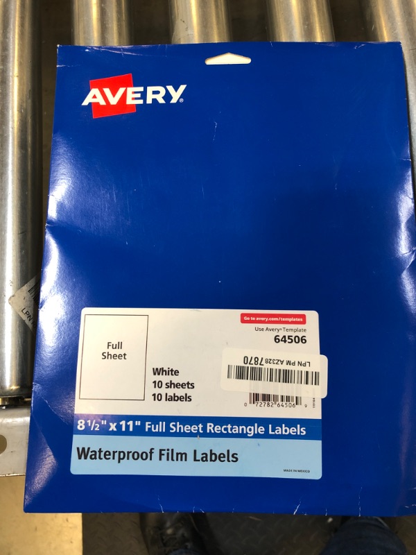 Photo 1 of Avery Waterproof Oil-Resistant Printable Labels - 10ct 8.5" x 11" Durable Full Sheet Labels (64506)