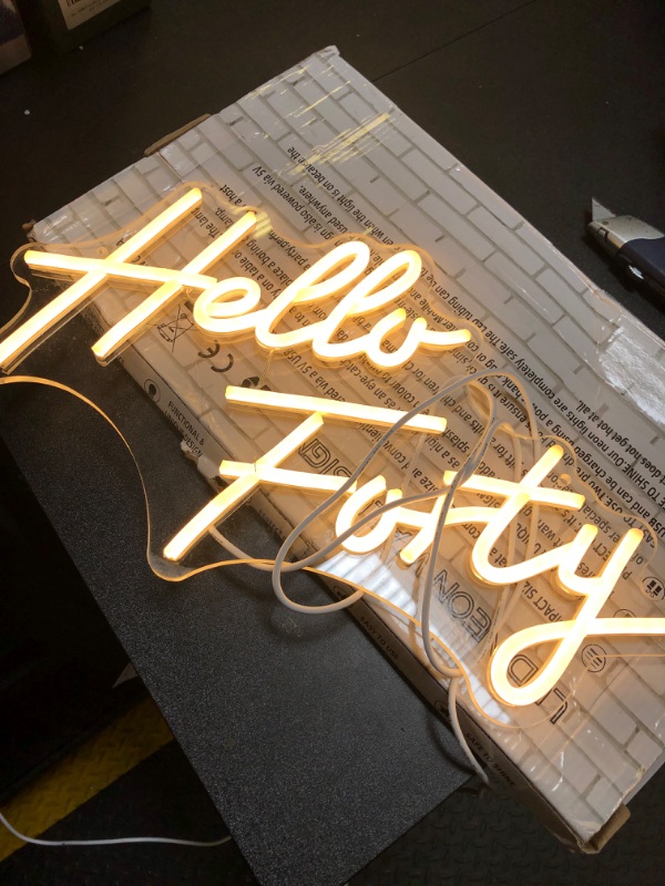 Photo 2 of Hello Forty Neon Sign 40th Birthday Dimmable Neon Sign Warm White Words Neon Lights for Bedroom Decor USB Hanging Sign For living room Home Bar Apartment Office Beauty Salon Decor