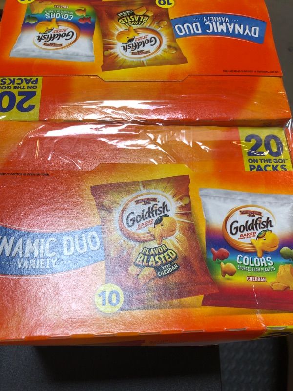 Photo 2 of Goldfish Dynamic Duo Variety Pack, Colors Cheddar & Flavor Blasted Xtra Cheddar, Snack Packs, 20 Ct Colors Cheddar and Flavor Blasted Xtra Cheddar - Pack of 2 40 in Total, Best by 11-17-2024