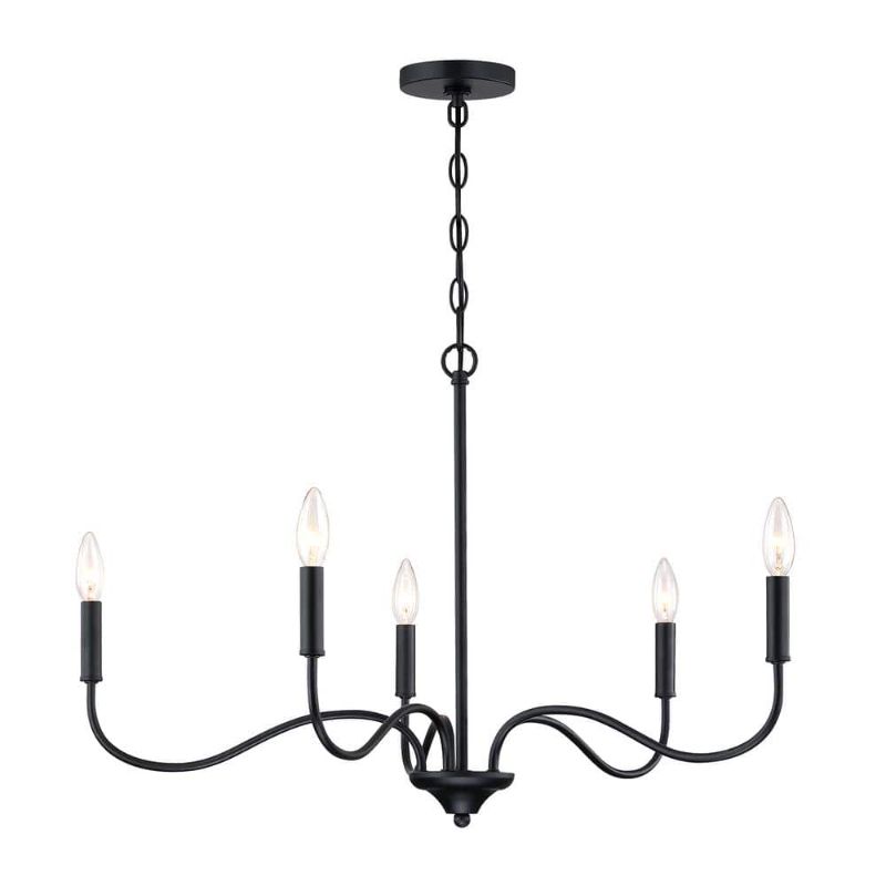 Photo 1 of 5-Light Matte Black Candle Minimalist Living Area Hanging Chandelier with Bare Bulbs