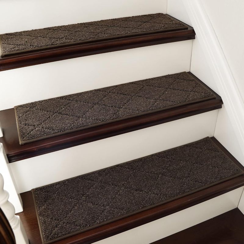 Photo 1 of COSY HOMEER Edging Stair Treads Non-Slip Carpet Mat 28inX9in Indoor Stair Runners for Wooden Steps, Edging Stair Rugs for Kids and Dogs, 100% Polyester TPE Backing (15pc, Brown)
